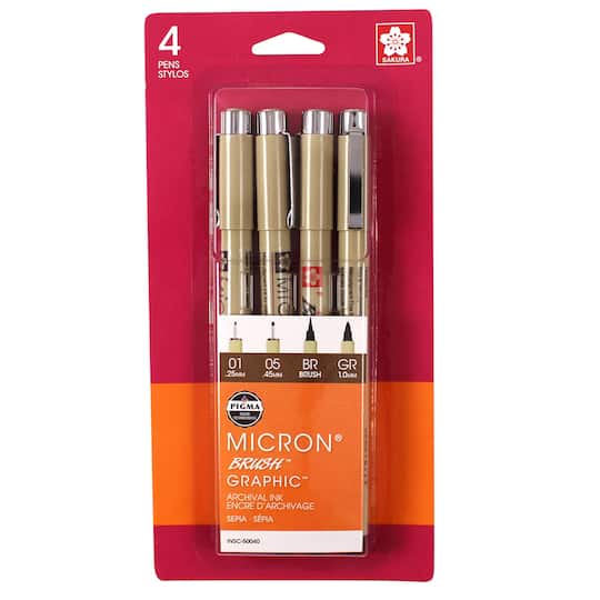 Sakura Pigma Brush, Graphic & Micron Set, 4-Pens, Sepia
